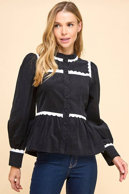 Black Corduroy Scallop Trim Blouse