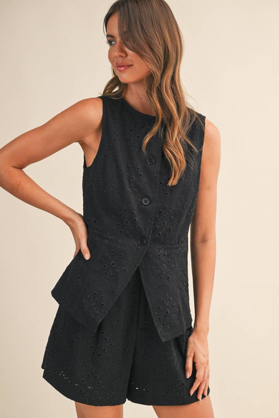 IST6276-A TWILL EYELET VEST AND PANTS SET/FULLY LINED