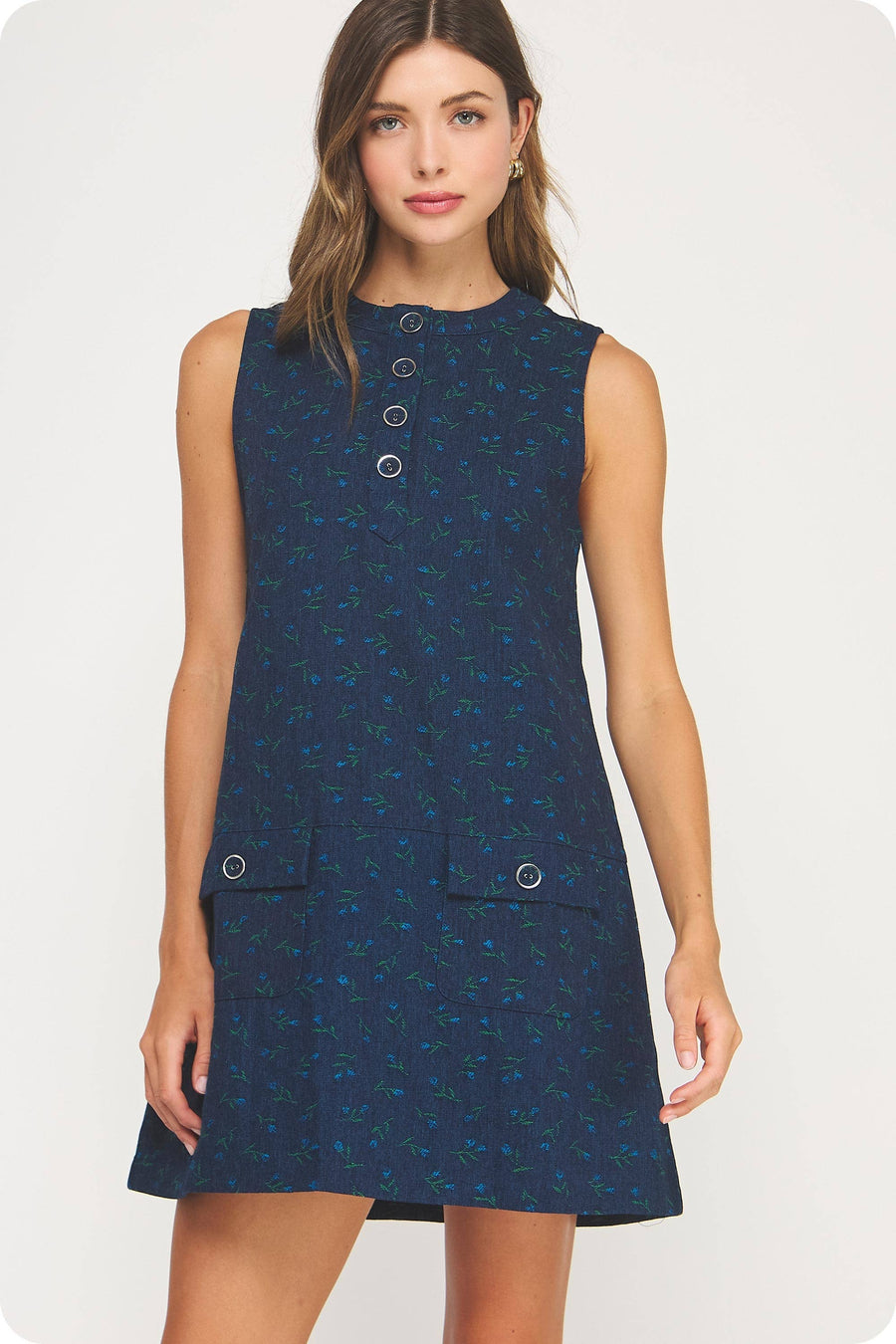 Floral Denim Sleeveless Mini Dress