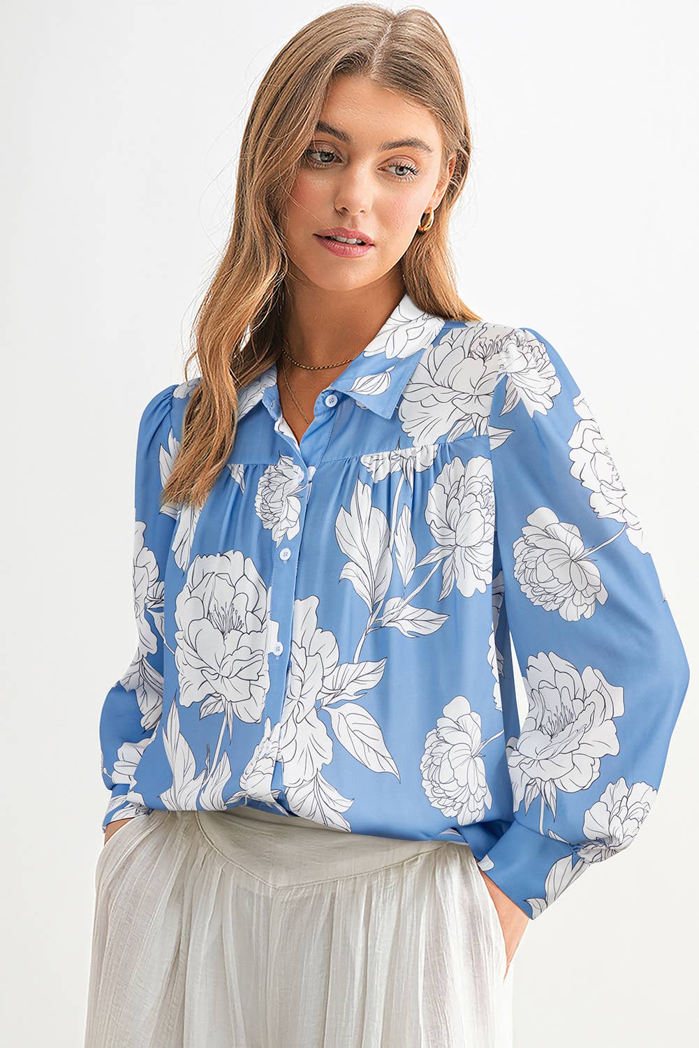 Sky Blue Floral Button-Up Blouse