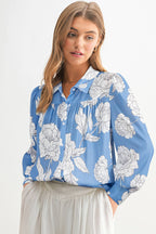 Sky Blue Floral Button-Up Blouse