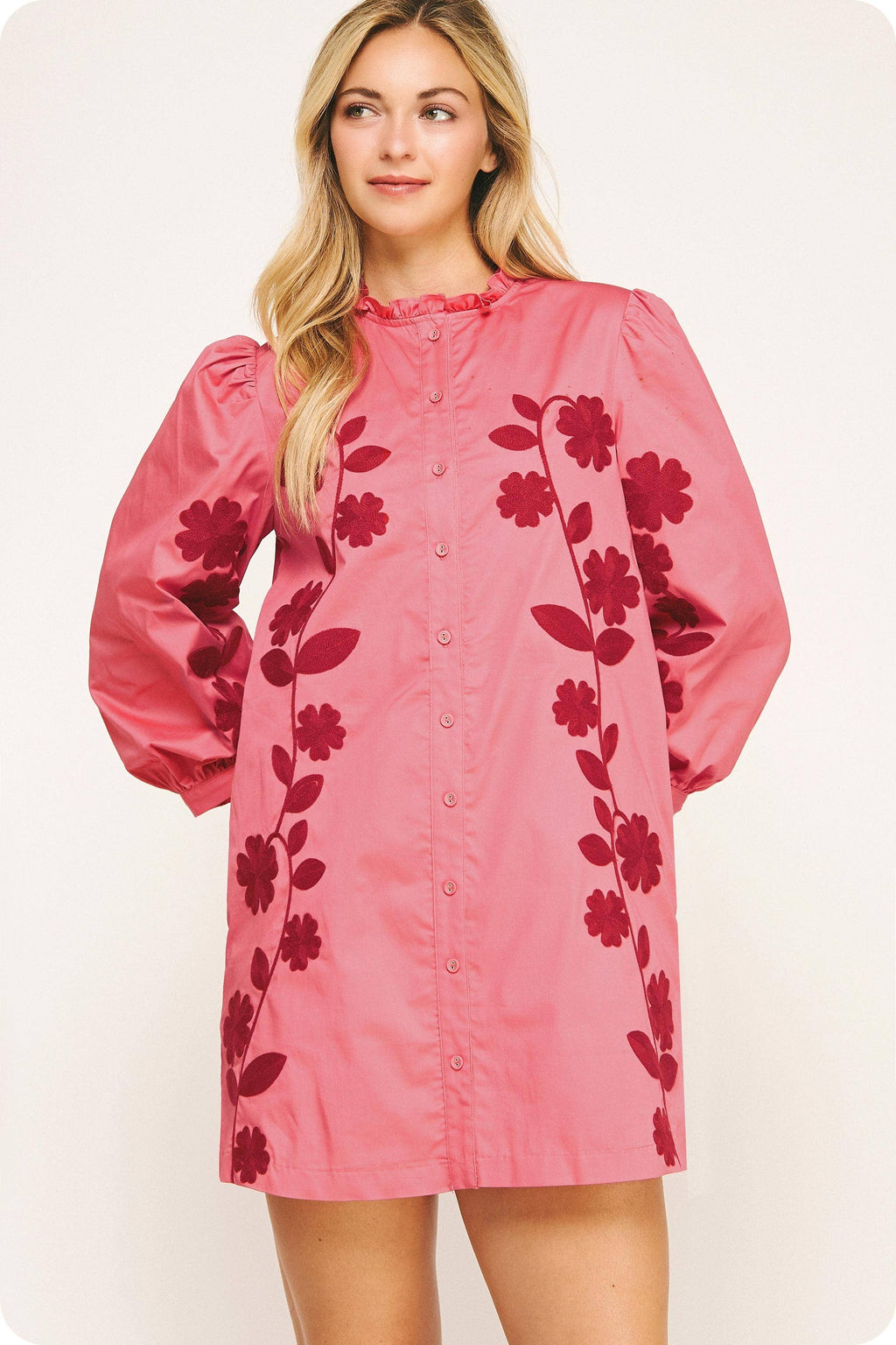 3/4 Sleeve Flower Embroidery Ruffle Neck Mini Dress