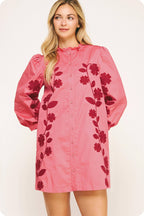 3/4 Sleeve Flower Embroidery Ruffle Neck Mini Dress