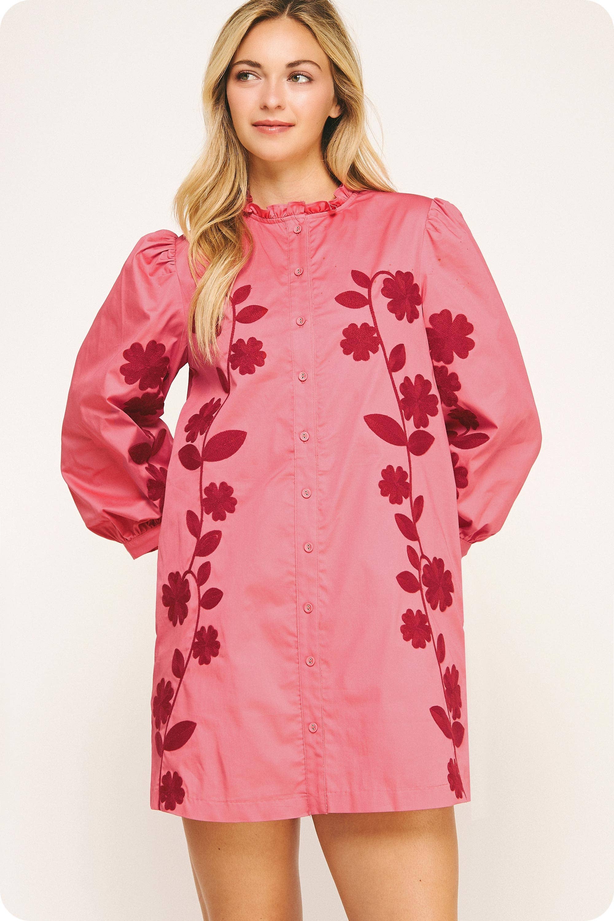 3/4 Sleeve Flower Embroidery Ruffle Neck Mini Dress