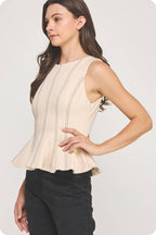 Top-Stitch Peplum Sleeveless Ponte Top