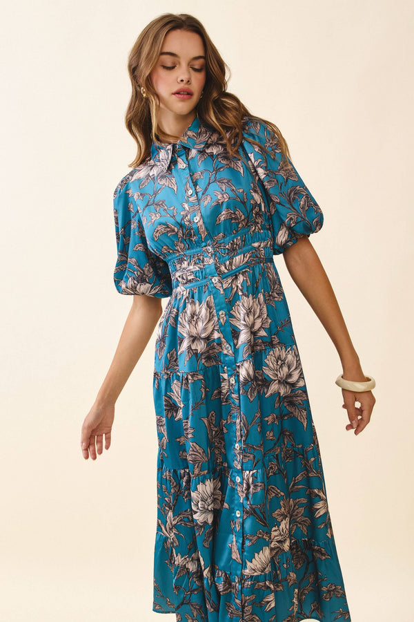 Floral Print Collared Neck Button Front Dress