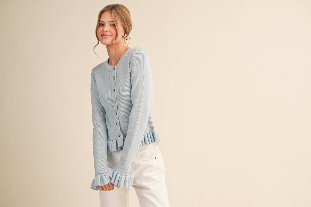 RUFFLE HEM RIBBED KNIT SWEATER