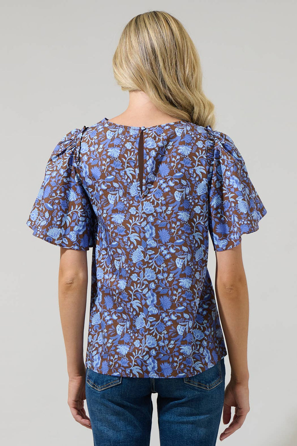 Blue and Brown Floral Flutter Sleeve Top