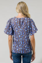 Blue and Brown Floral Flutter Sleeve Top