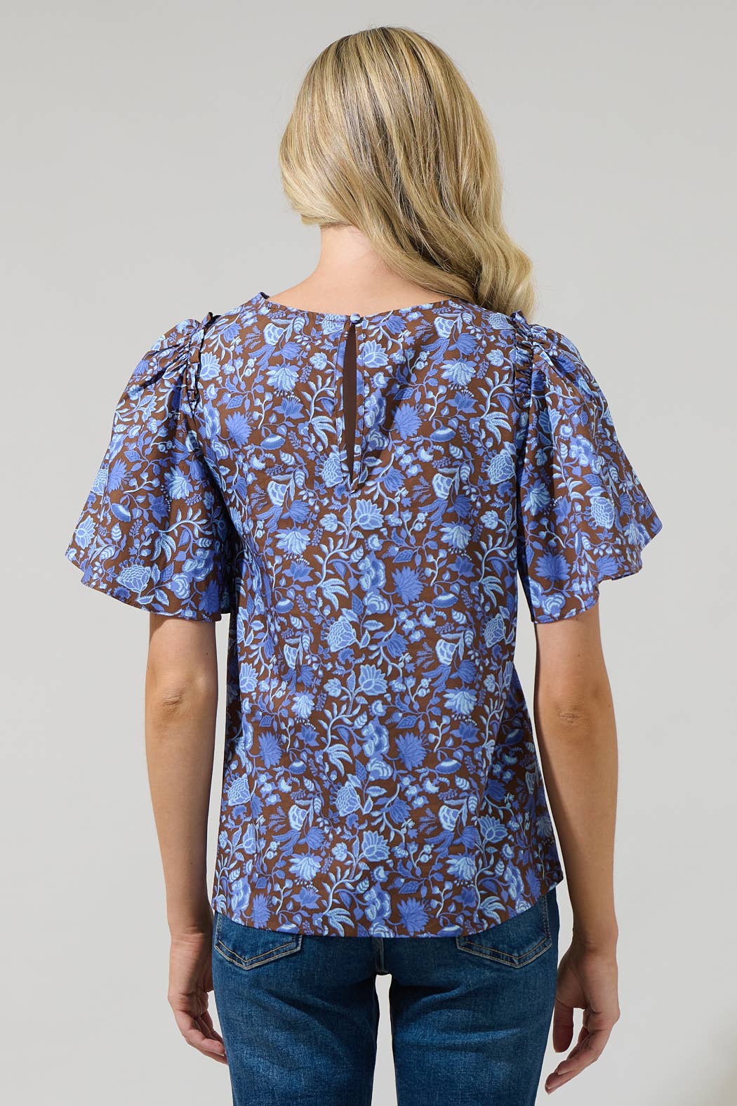 Blue and Brown Floral Flutter Sleeve Top