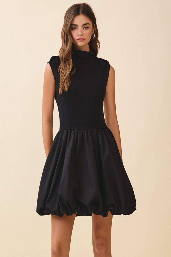 CD06508-Fitted Knit Bodice Contrast Bubble Hem Mini Dress