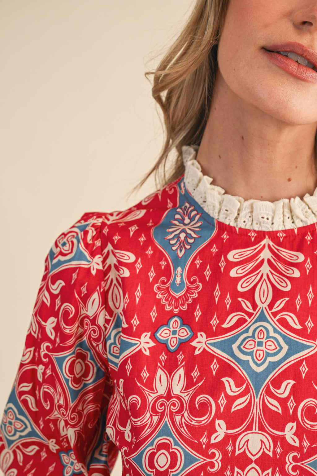 RUFFLE LACE TRIM MOCK NECK TOP MTP4294