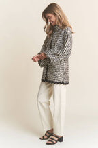 Stripe Pattern Wave Trimmed Balloon Sleeve Top