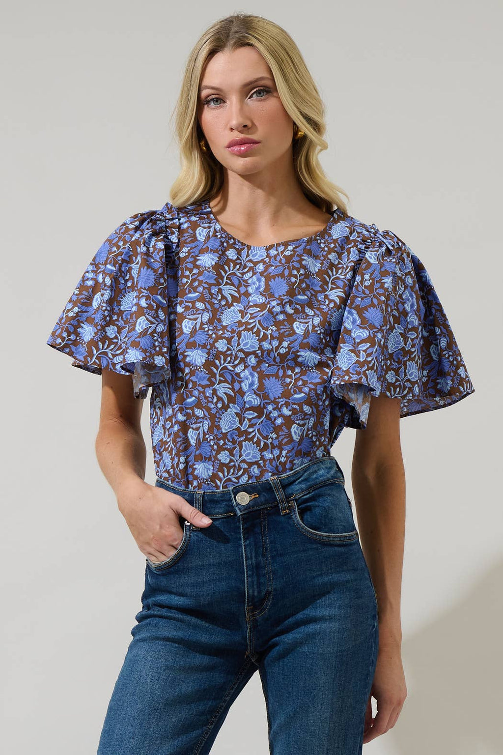 Blue and Brown Floral Flutter Sleeve Top