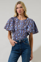 Blue and Brown Floral Flutter Sleeve Top