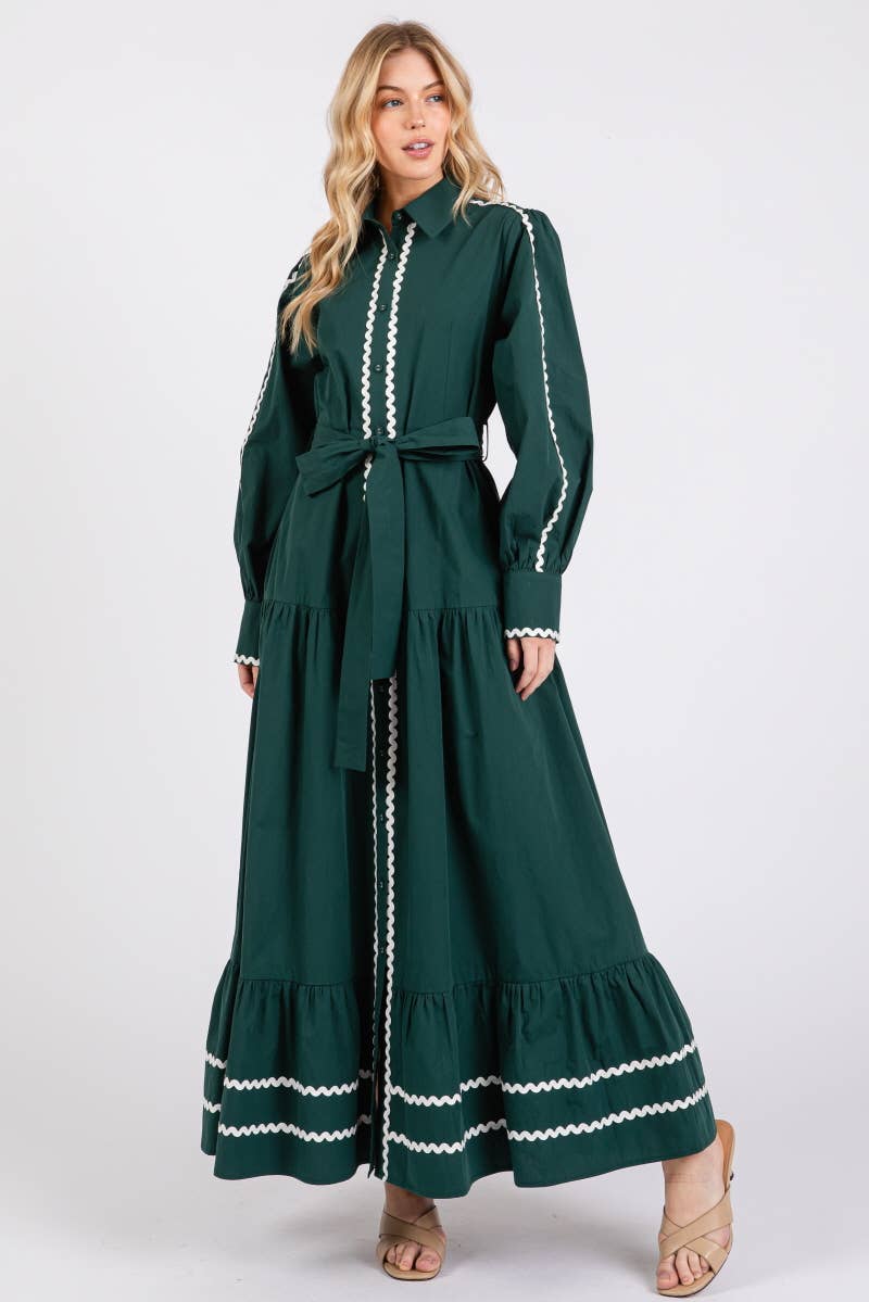 Solid long Sleeve Button-Down Maxi Dress HD2802-H GREEN
