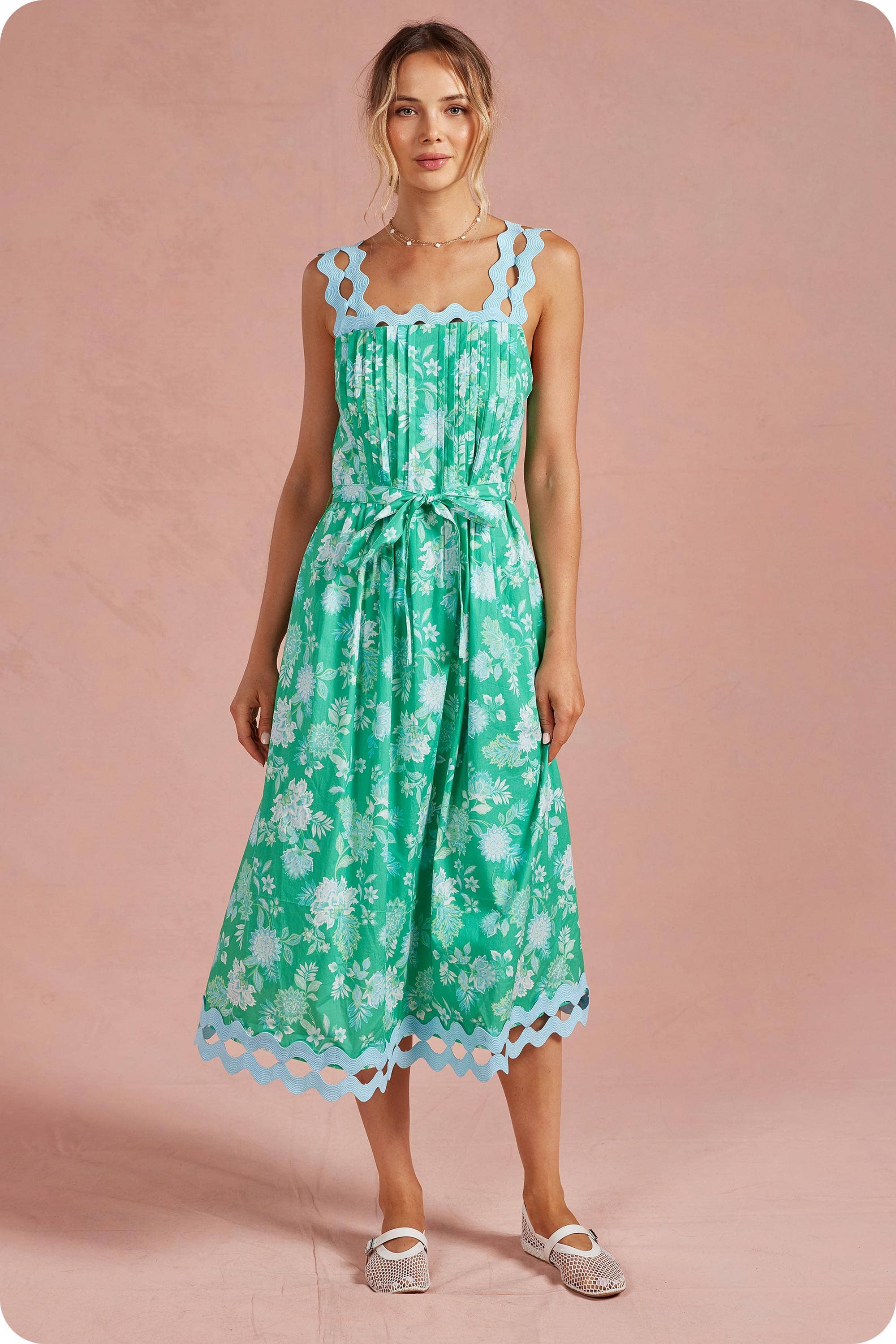 Botanical Garden Ric-Rac Pintuck Midi Dress