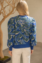 Pleated Long Puff Sleeve Floral Print Sweater Top