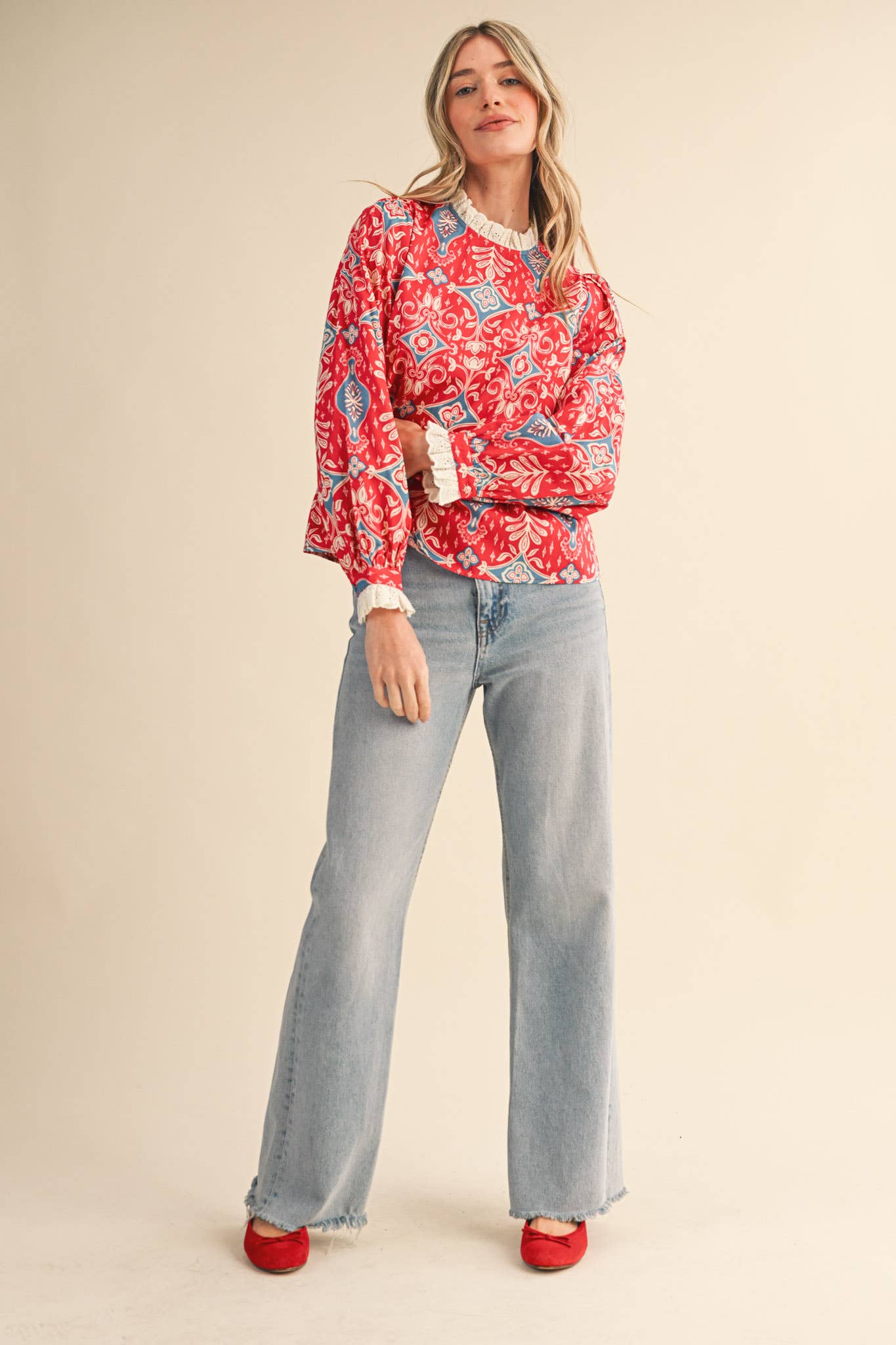 RUFFLE LACE TRIM MOCK NECK TOP MTP4294