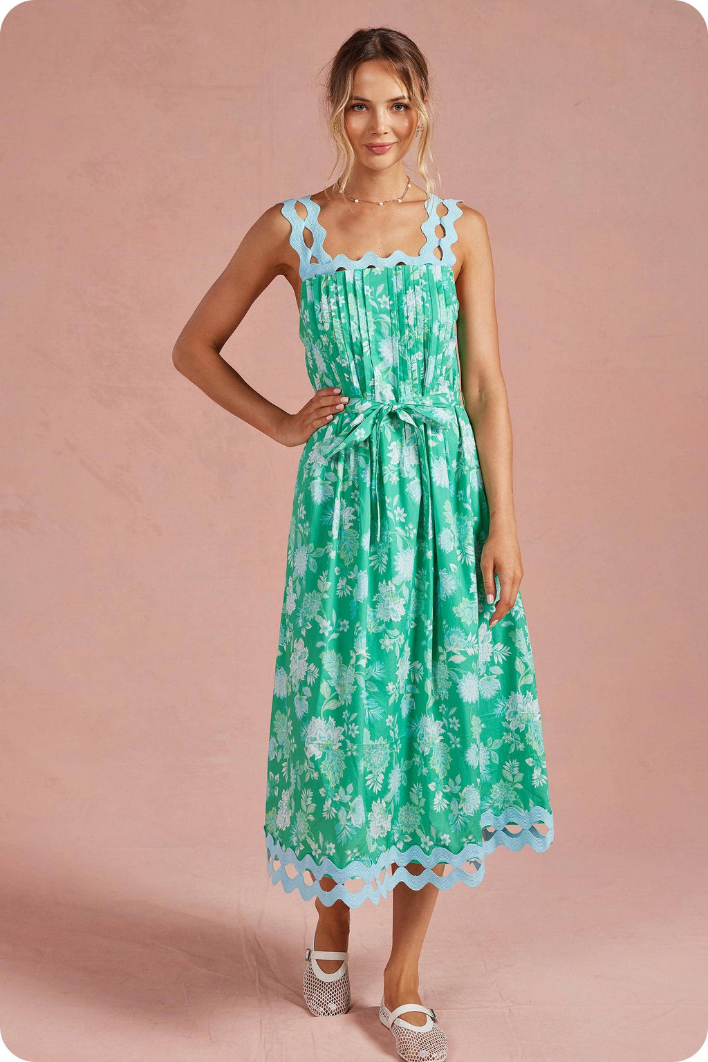Botanical Garden Ric-Rac Pintuck Midi Dress