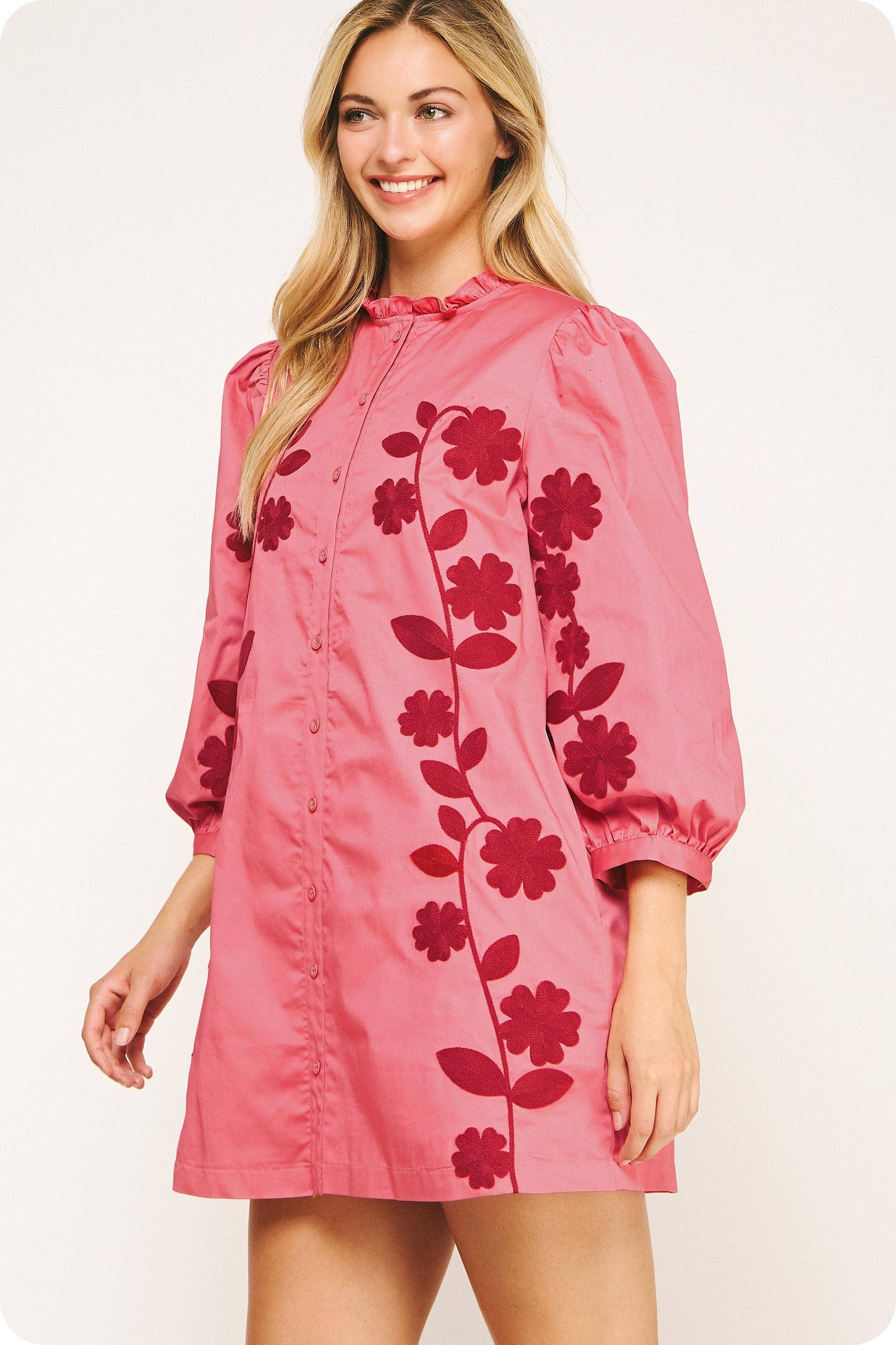 3/4 Sleeve Flower Embroidery Ruffle Neck Mini Dress