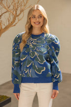 Pleated Long Puff Sleeve Floral Print Sweater Top