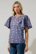 Blue and Brown Floral Flutter Sleeve Top