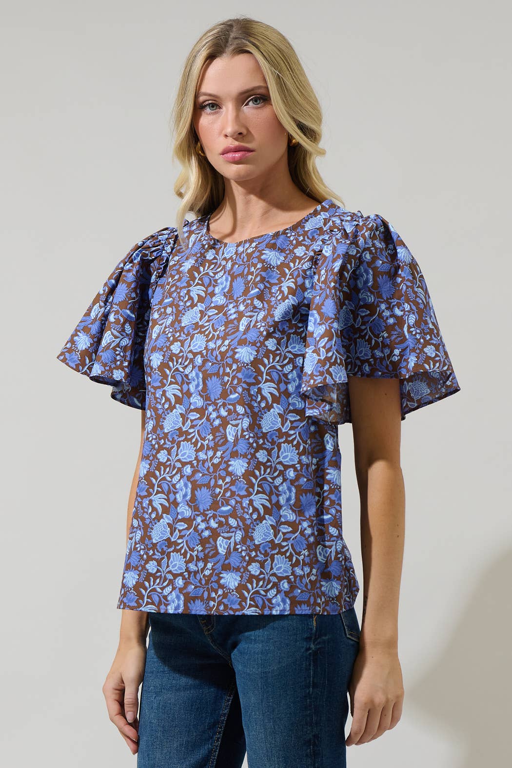 Blue and Brown Floral Flutter Sleeve Top