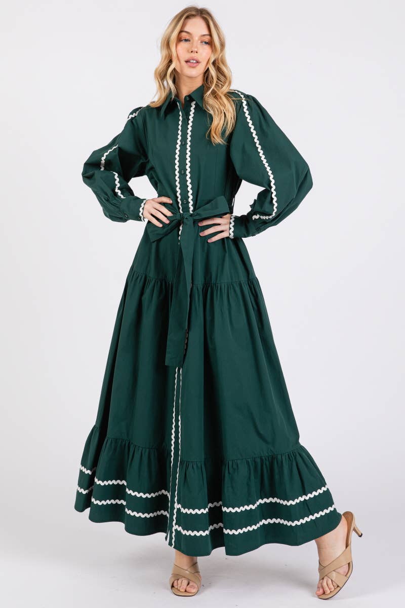Solid long Sleeve Button-Down Maxi Dress HD2802-H GREEN