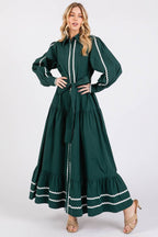 Solid long Sleeve Button-Down Maxi Dress HD2802-H GREEN