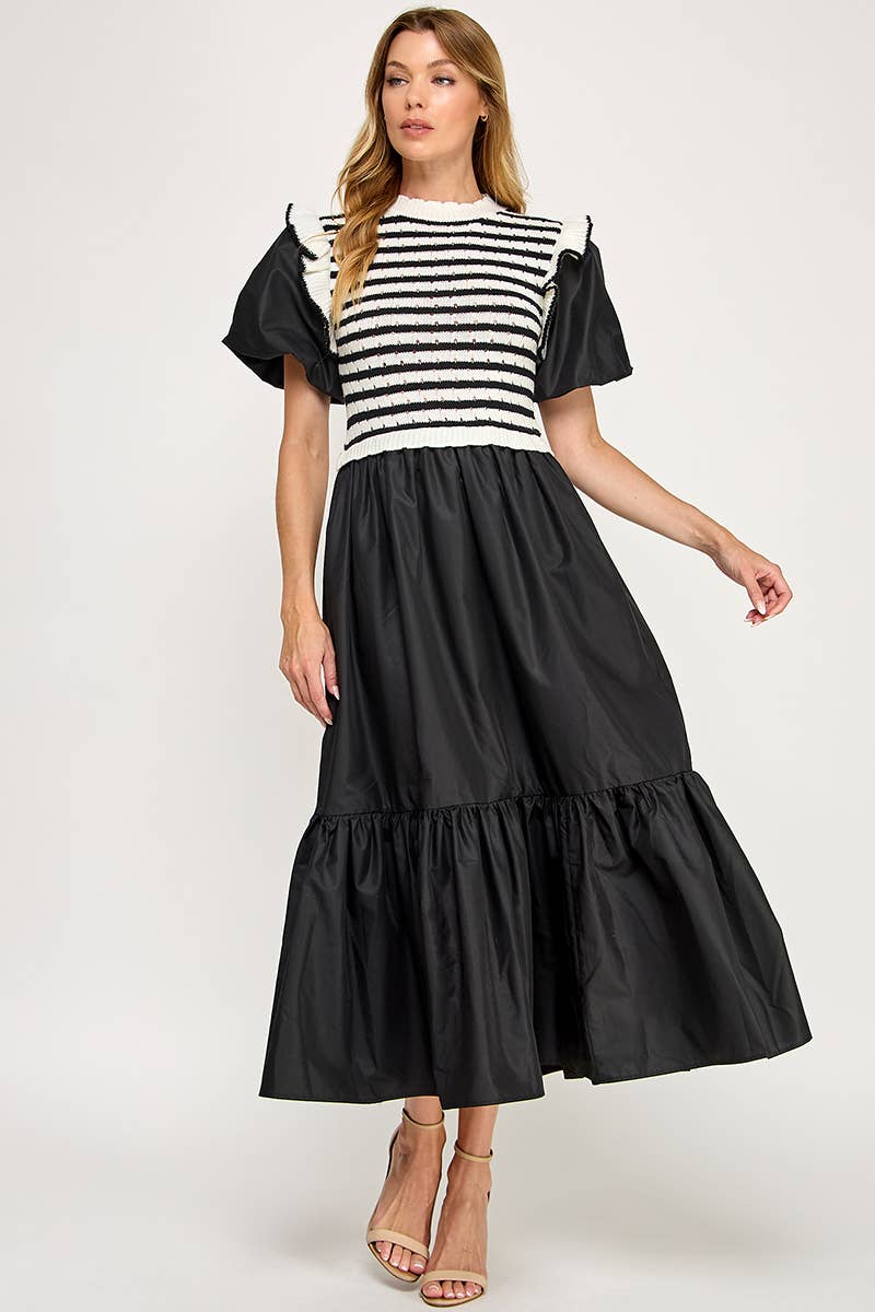 Black & White Stripe Bodice Tiered Midi Dress