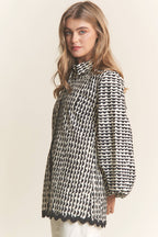 Stripe Pattern Wave Trimmed Balloon Sleeve Top