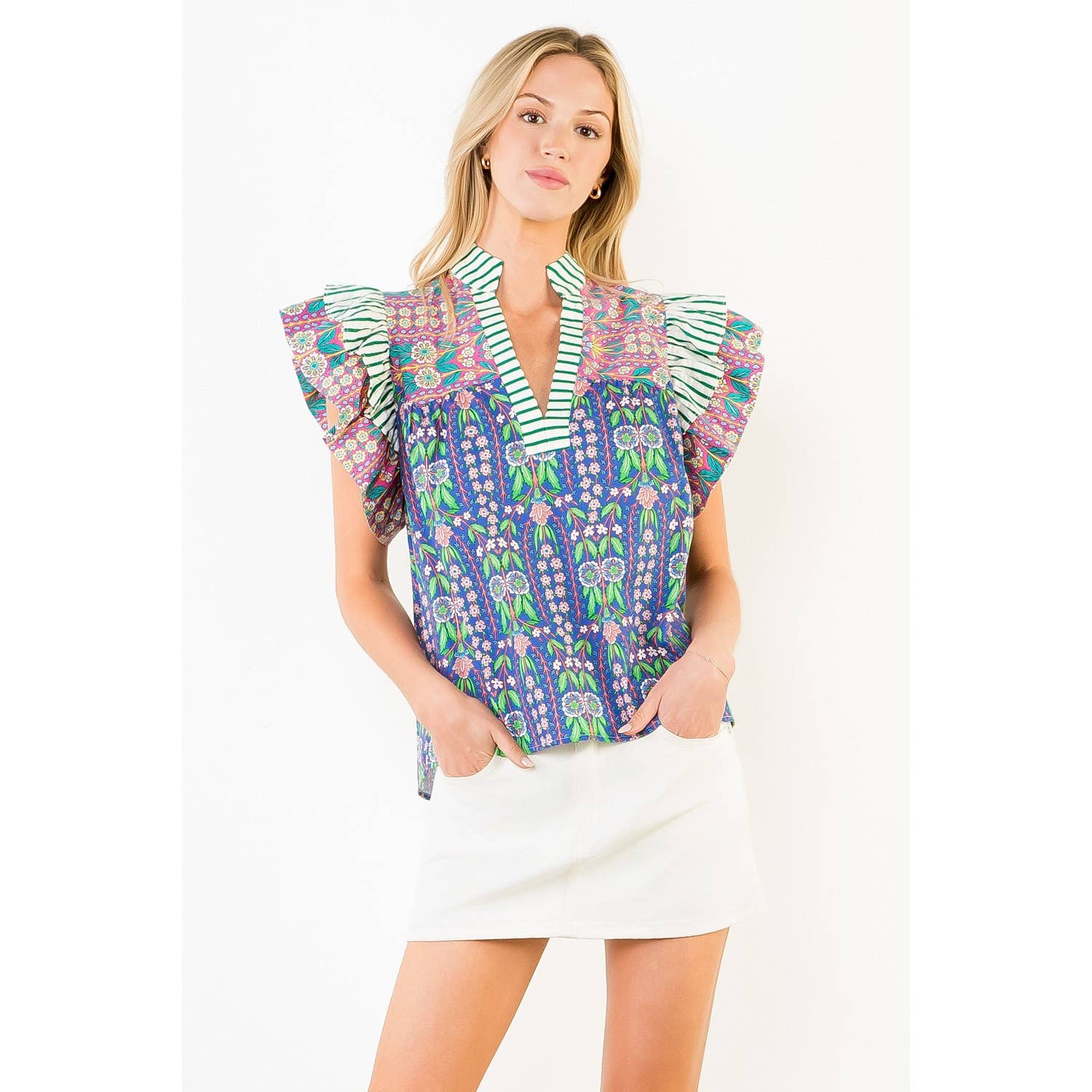 Flutter Sleeve Floral Pattern V-Neck Top