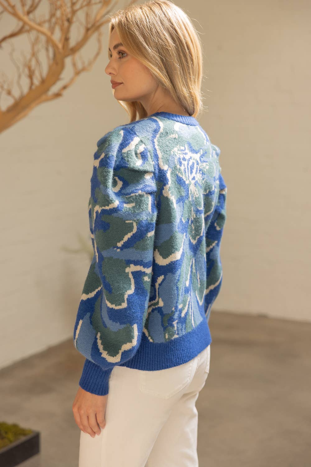 Pleated Long Puff Sleeve Floral Print Sweater Top
