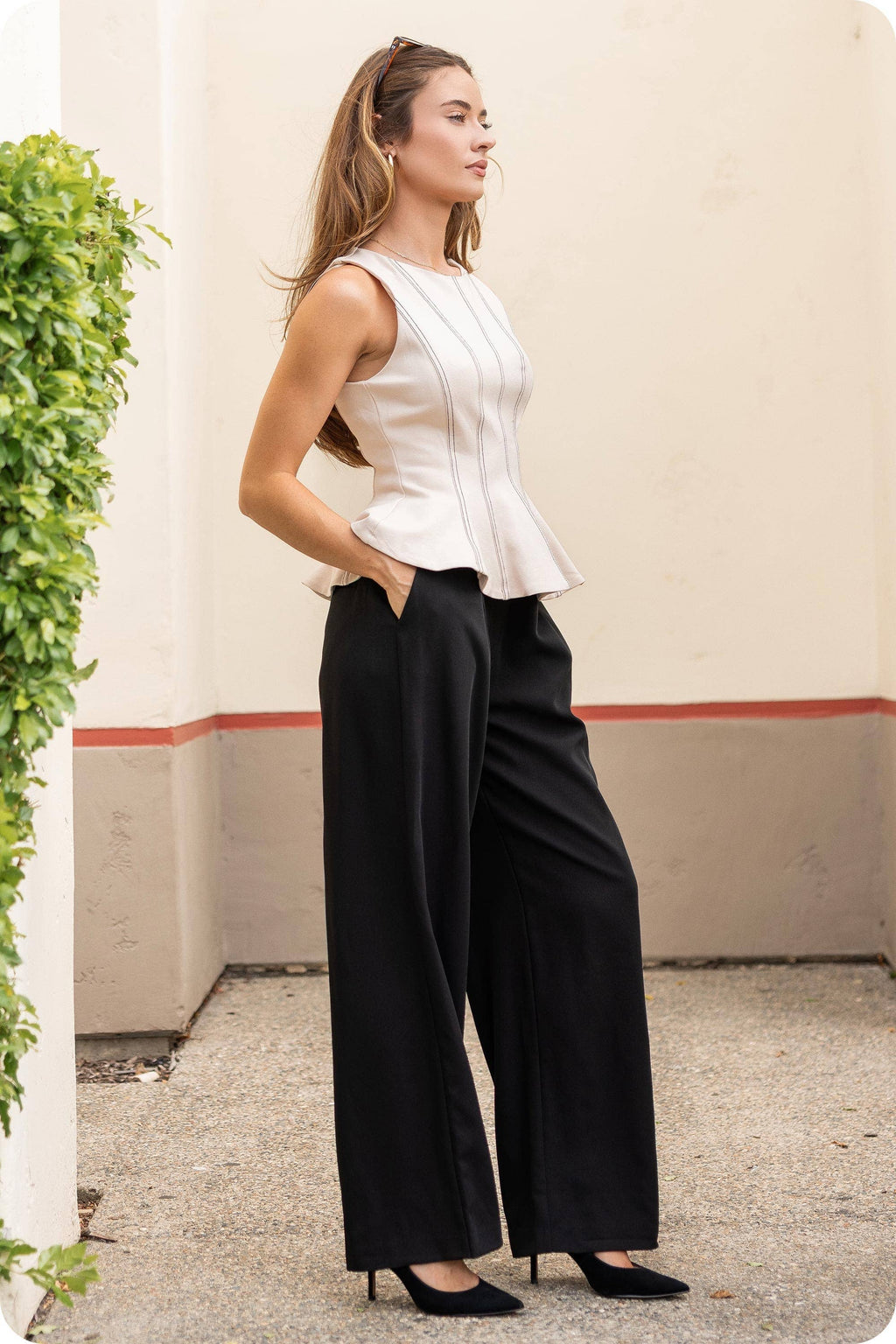 Top-Stitch Peplum Sleeveless Ponte Top