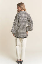 Stripe Pattern Wave Trimmed Balloon Sleeve Top