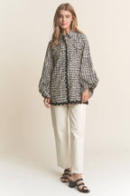 Stripe Pattern Wave Trimmed Balloon Sleeve Top