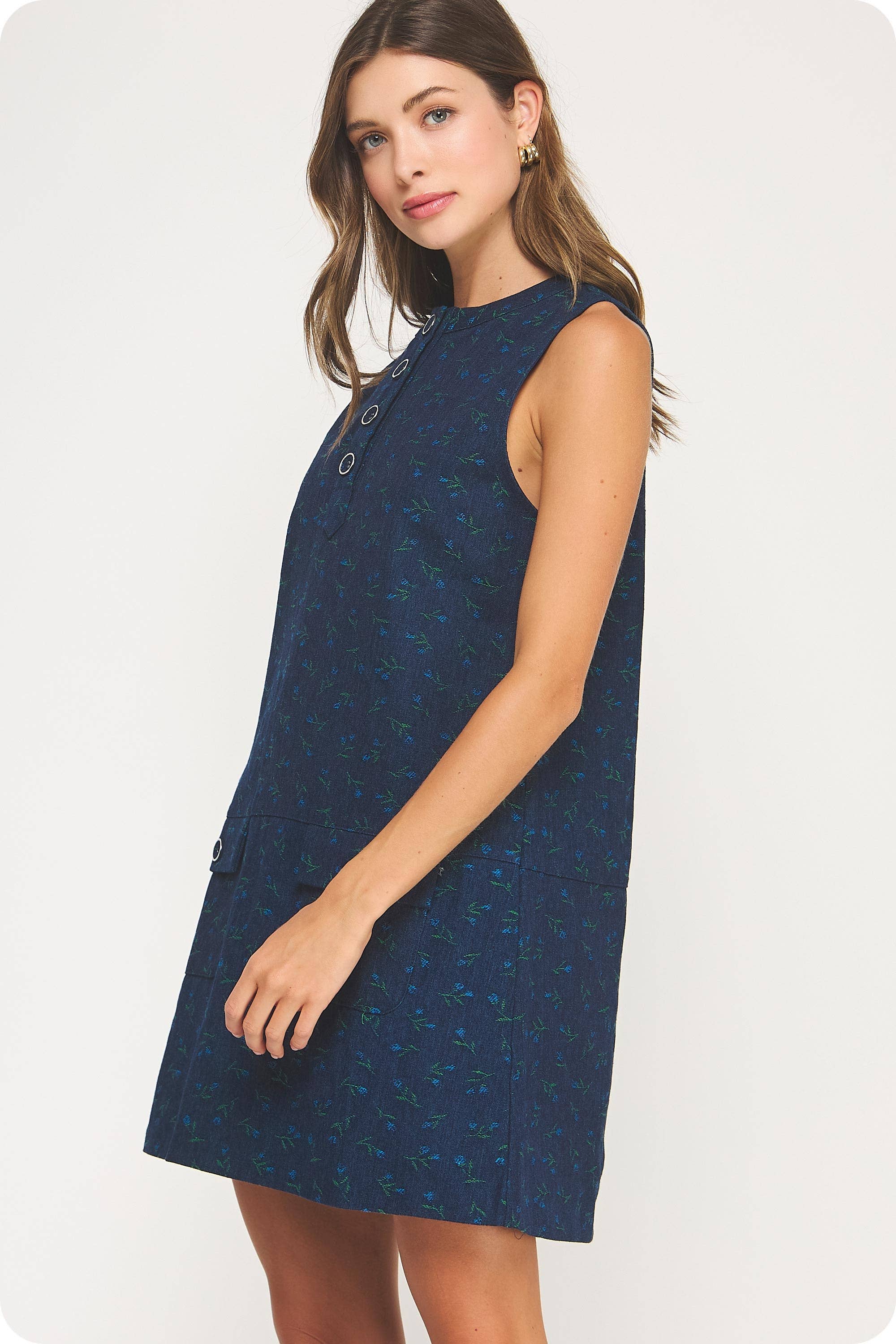 Floral Denim Sleeveless Mini Dress
