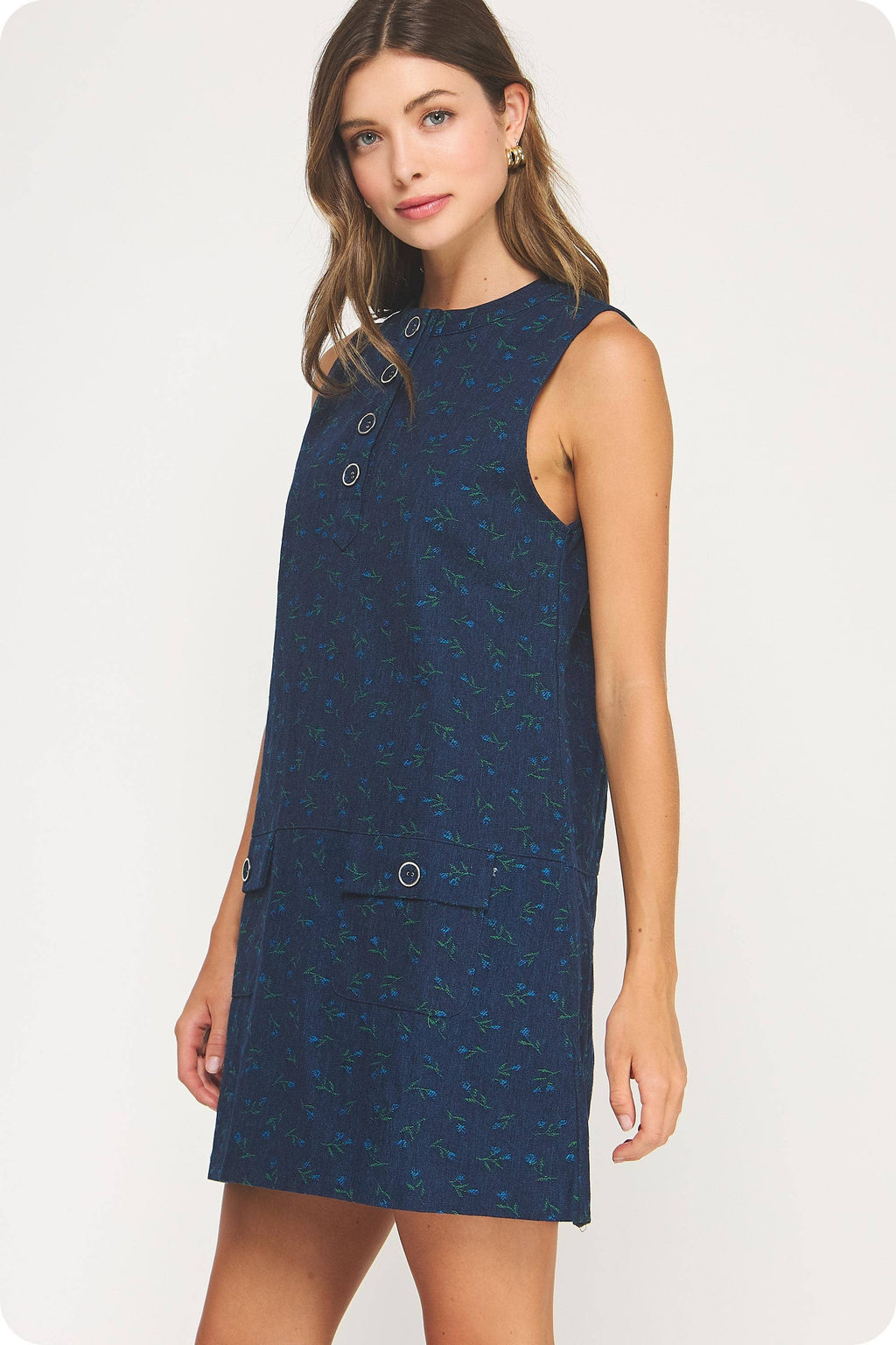 Floral Denim Sleeveless Mini Dress