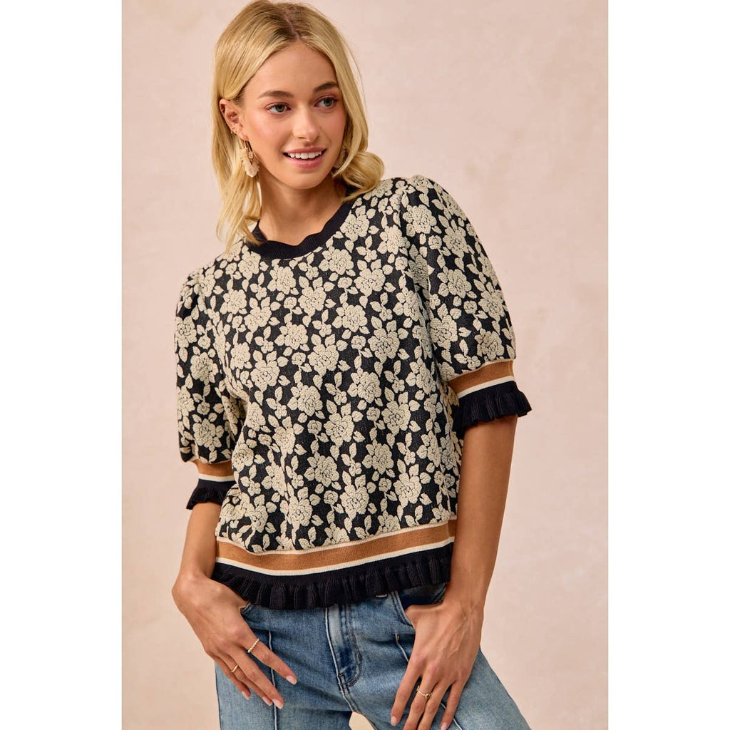 TEXTURED ROSE KNIT TOP CONTRAST BANDED PUFF SLEEVE
