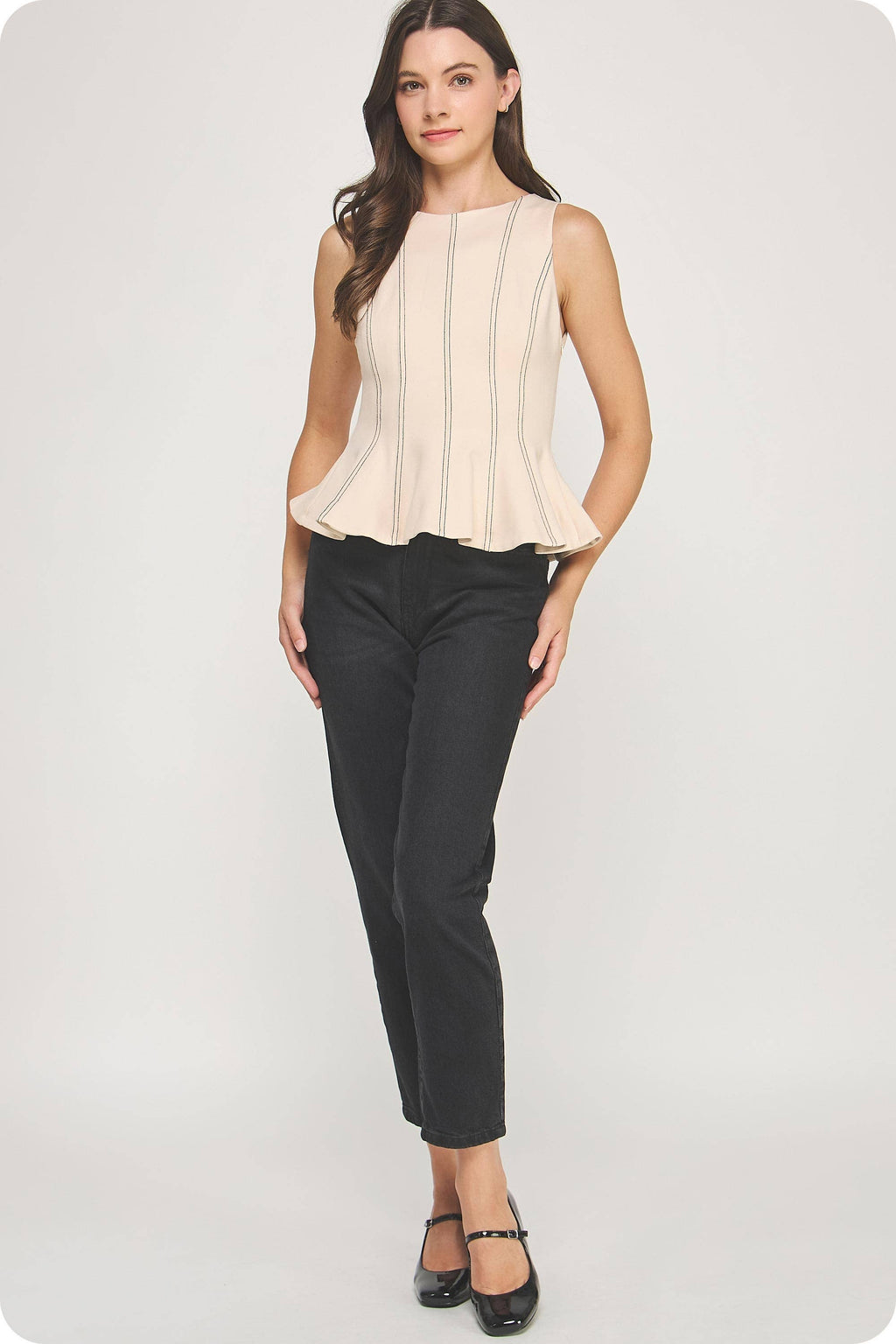 Top-Stitch Peplum Sleeveless Ponte Top