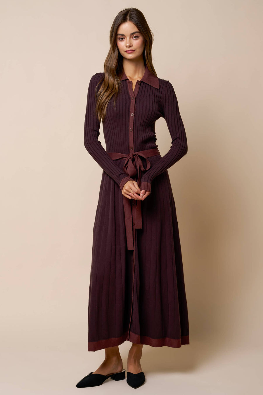 Collared Belted Ribbed Knit Midi Dress