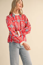 RUFFLE LACE TRIM MOCK NECK TOP MTP4294