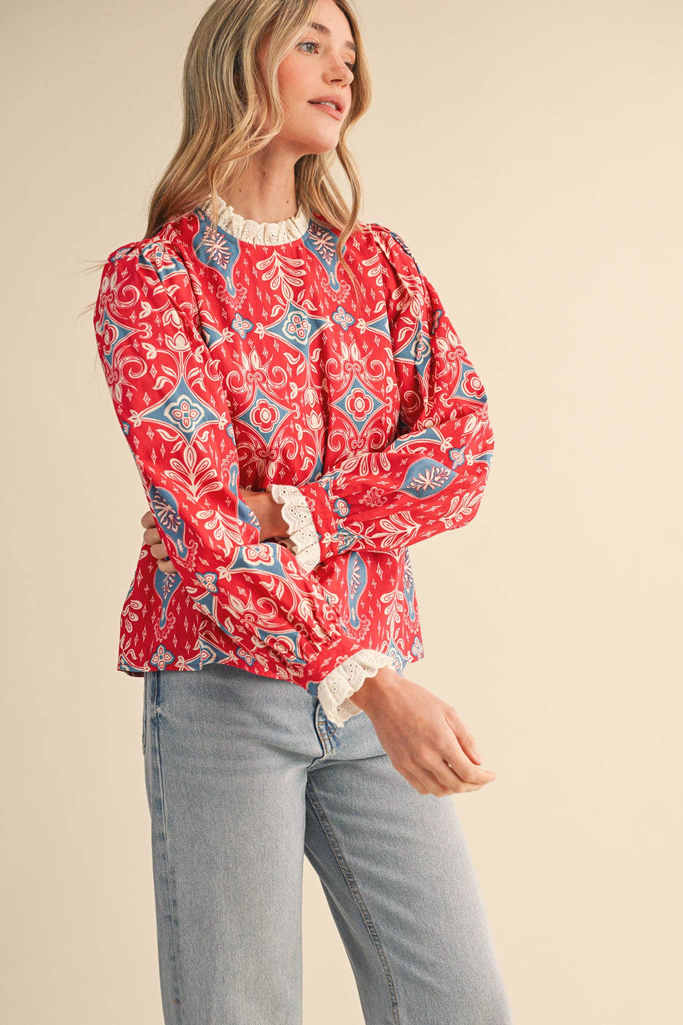 RUFFLE LACE TRIM MOCK NECK TOP MTP4294