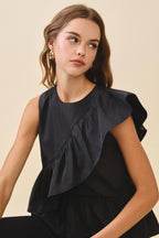 CT9581-Cascading Ruffle Panels Drape Detail Peplum Top