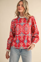 RUFFLE LACE TRIM MOCK NECK TOP MTP4294