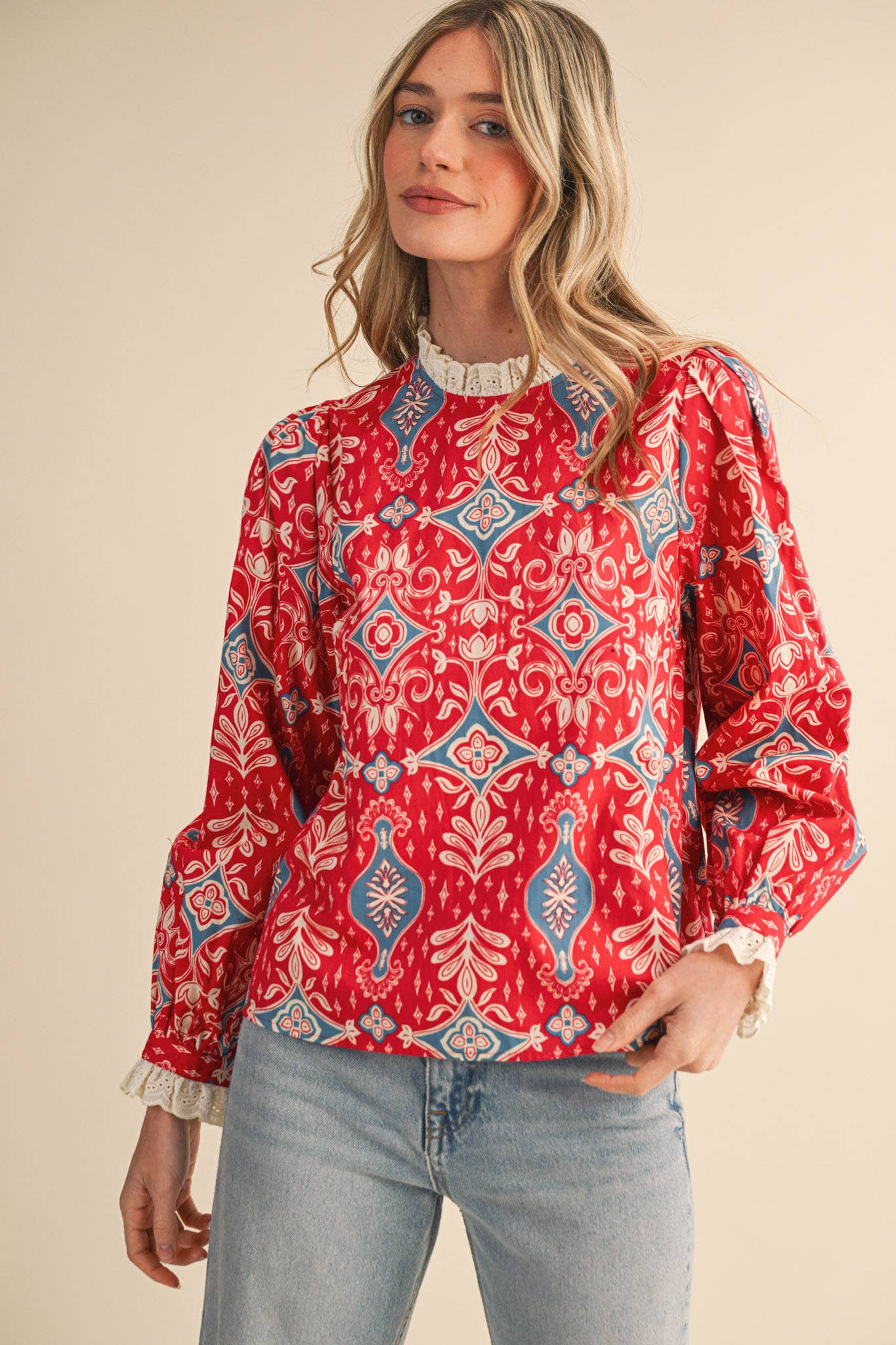 RUFFLE LACE TRIM MOCK NECK TOP MTP4294