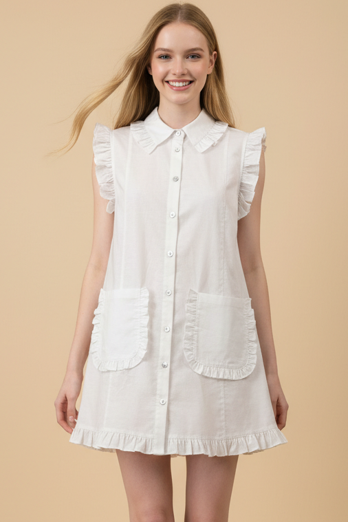RUFFLED SLEEVELESS SHIRT DRESS