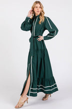 Solid long Sleeve Button-Down Maxi Dress HD2802-H GREEN