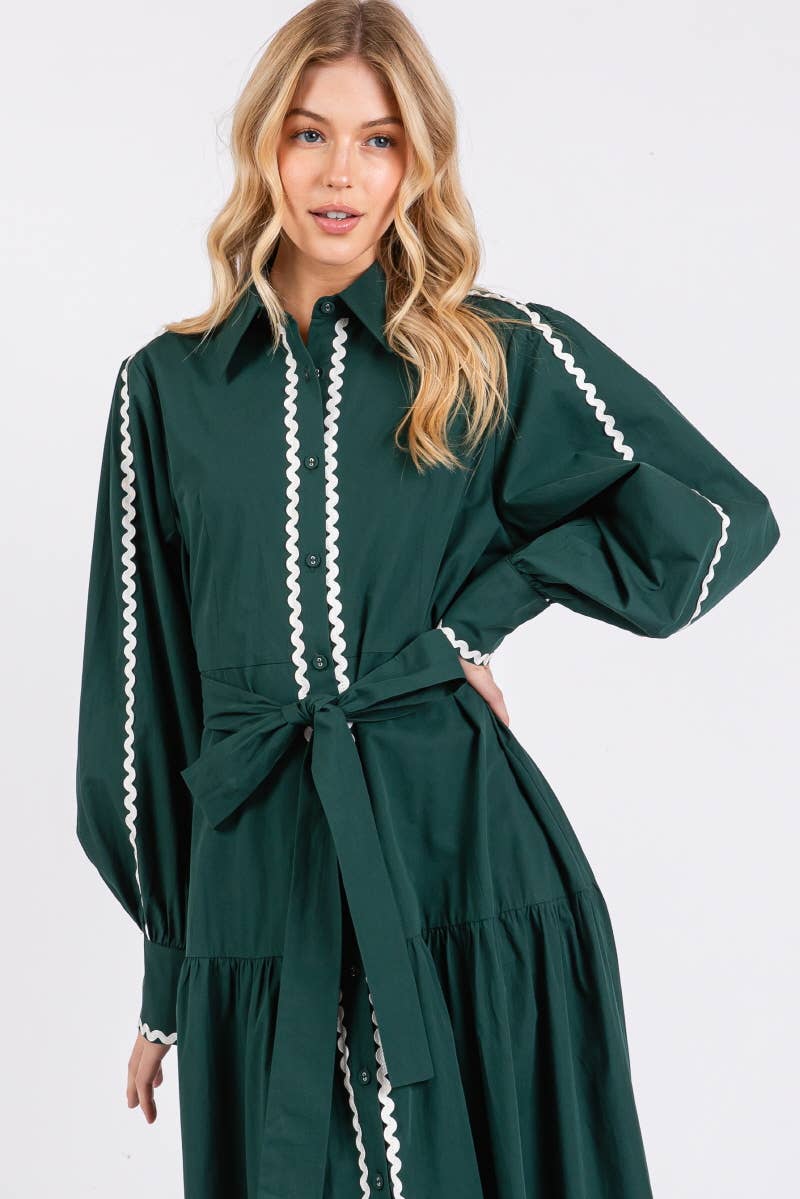 Solid long Sleeve Button-Down Maxi Dress HD2802-H GREEN